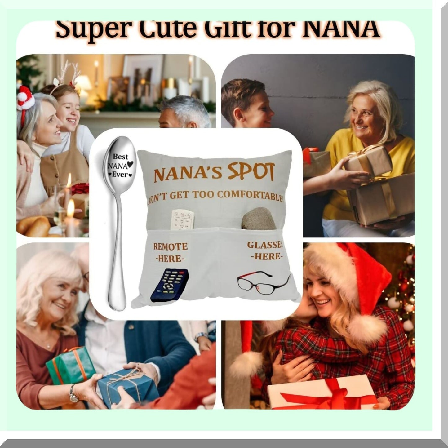 Engraved Nana Throw Pillow Covers & Spoon Set - Grandma Gifts for Granny Gigi Mimi - 2-Pocket 18x18 Inch Birthday Stocking Stuffers - Grandmother's Day Special