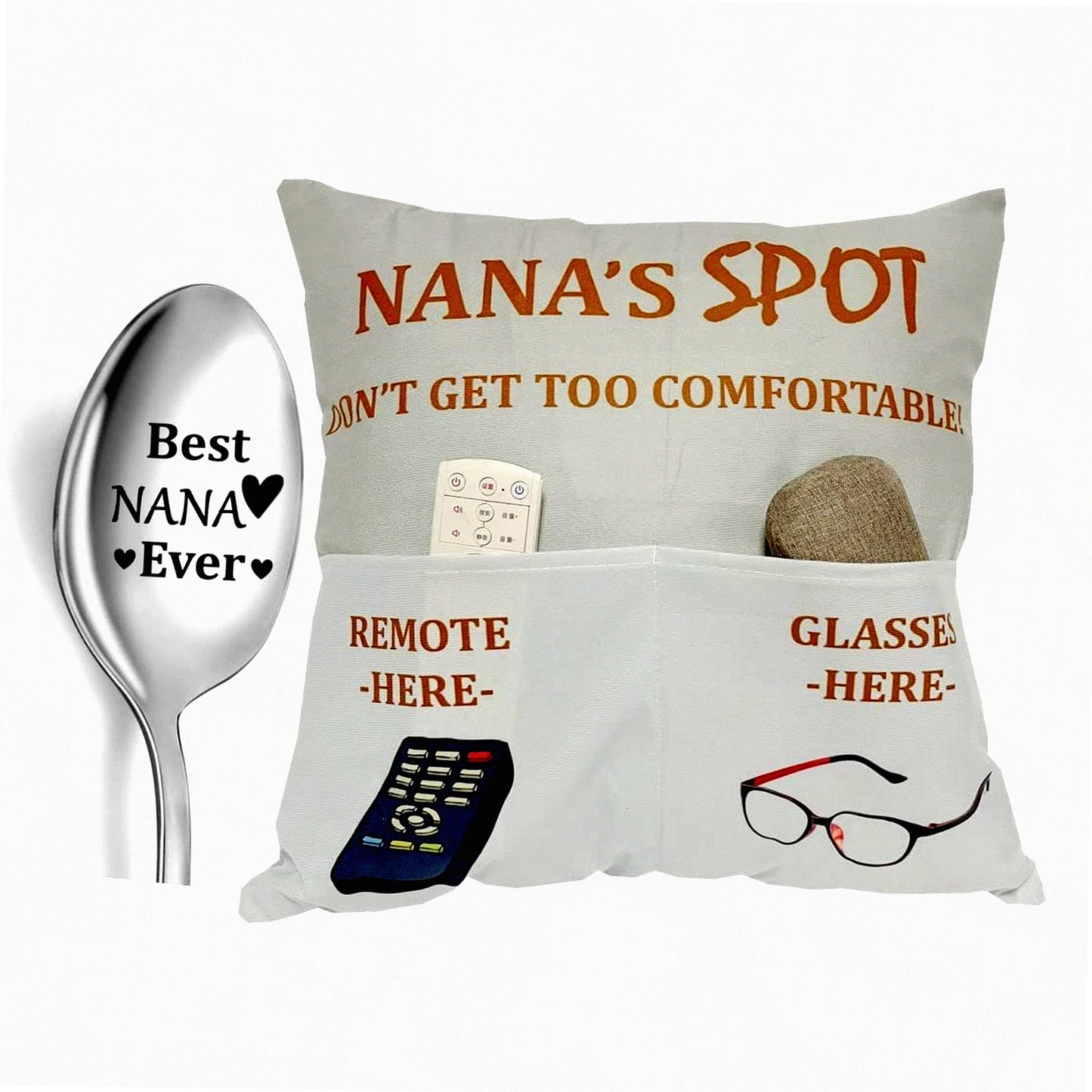 Engraved Nana Throw Pillow Covers & Spoon Set - Grandma Gifts for Granny Gigi Mimi - 2-Pocket 18x18 Inch Birthday Stocking Stuffers - Grandmother's Day Special