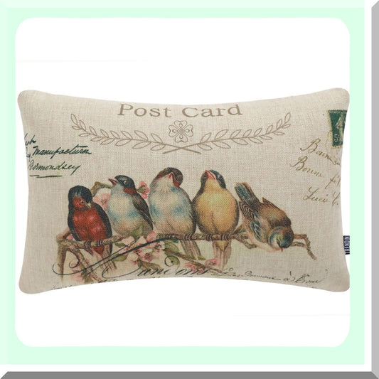 Retro Avian Decorative Cushion Cases, 20x12" Linen Pillow Shams, Bird Print Sofa Pillow Covers, Vintage Style Home Accent PL232TR