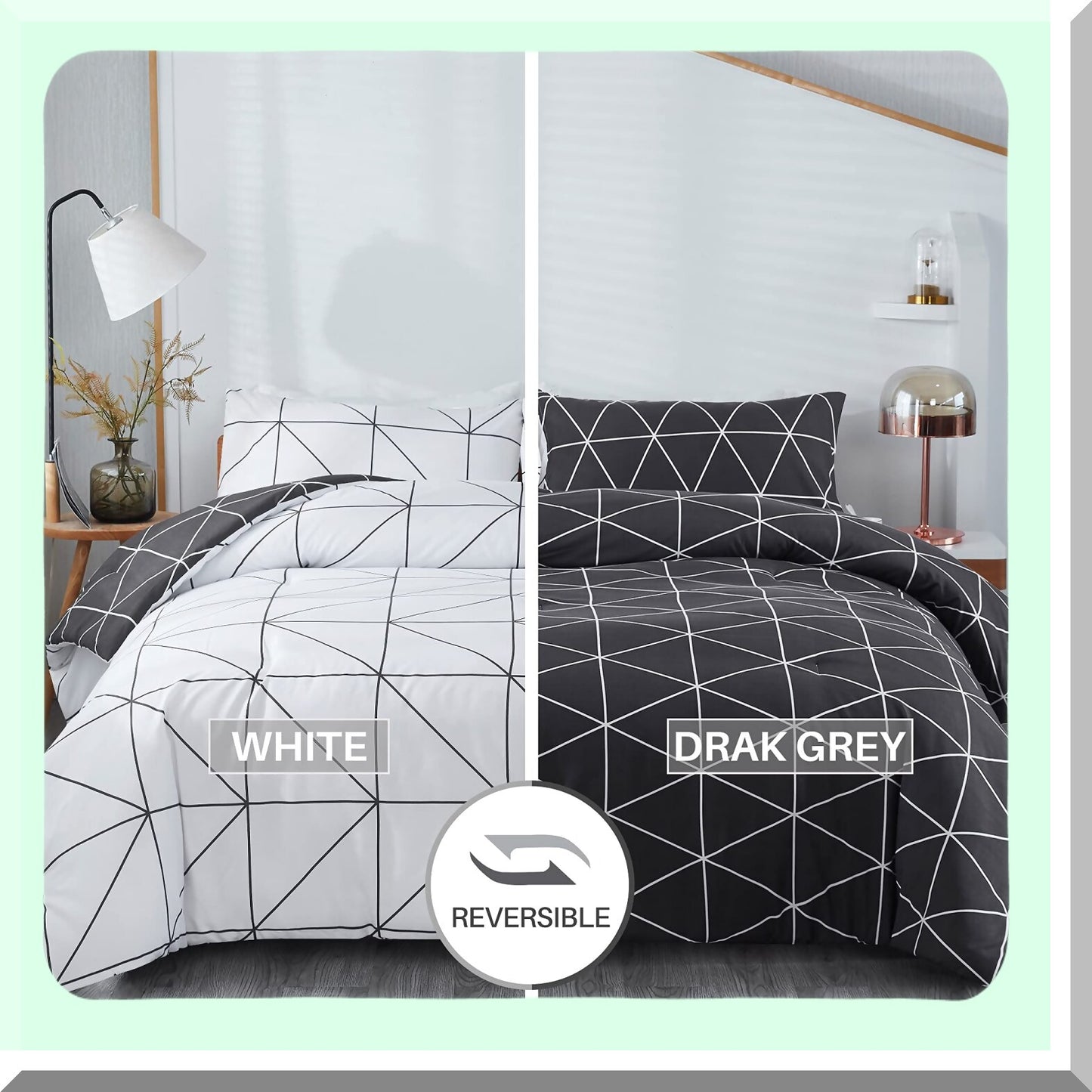 Geometric Black White Queen Comforter Set - 3 Piece All Season Bedding Set with Reversible Comforter and 2 Pillow Shams - 90x90inches