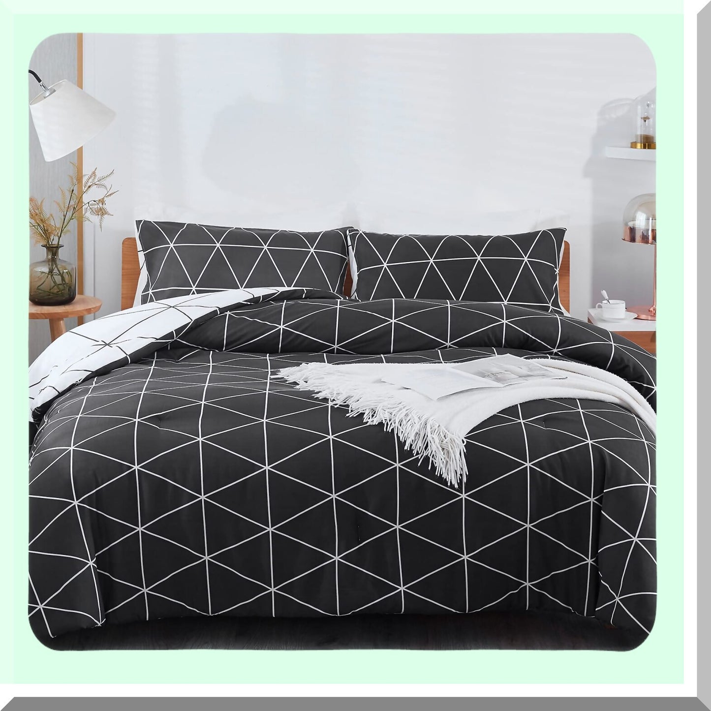 Geometric Black White Queen Comforter Set - 3 Piece All Season Bedding Set with Reversible Comforter and 2 Pillow Shams - 90x90inches