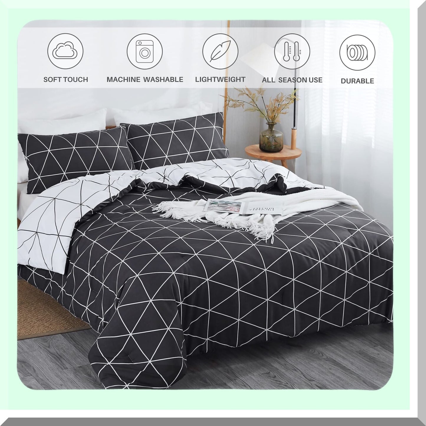Geometric Black White Queen Comforter Set - 3 Piece All Season Bedding Set with Reversible Comforter and 2 Pillow Shams - 90x90inches