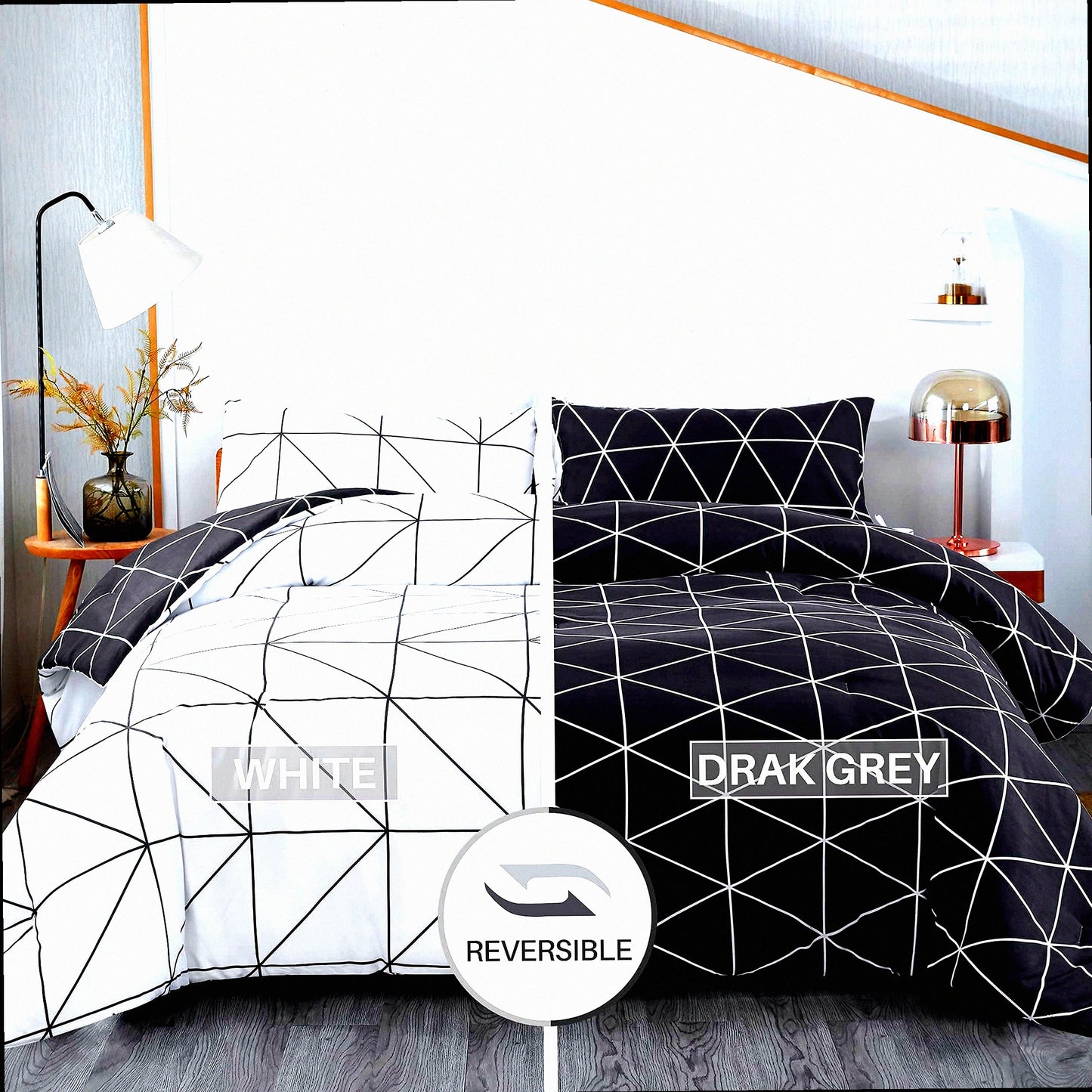 Geometric Black White Queen Comforter Set - 3 Piece All Season Bedding Set with Reversible Comforter and 2 Pillow Shams - 90x90inches