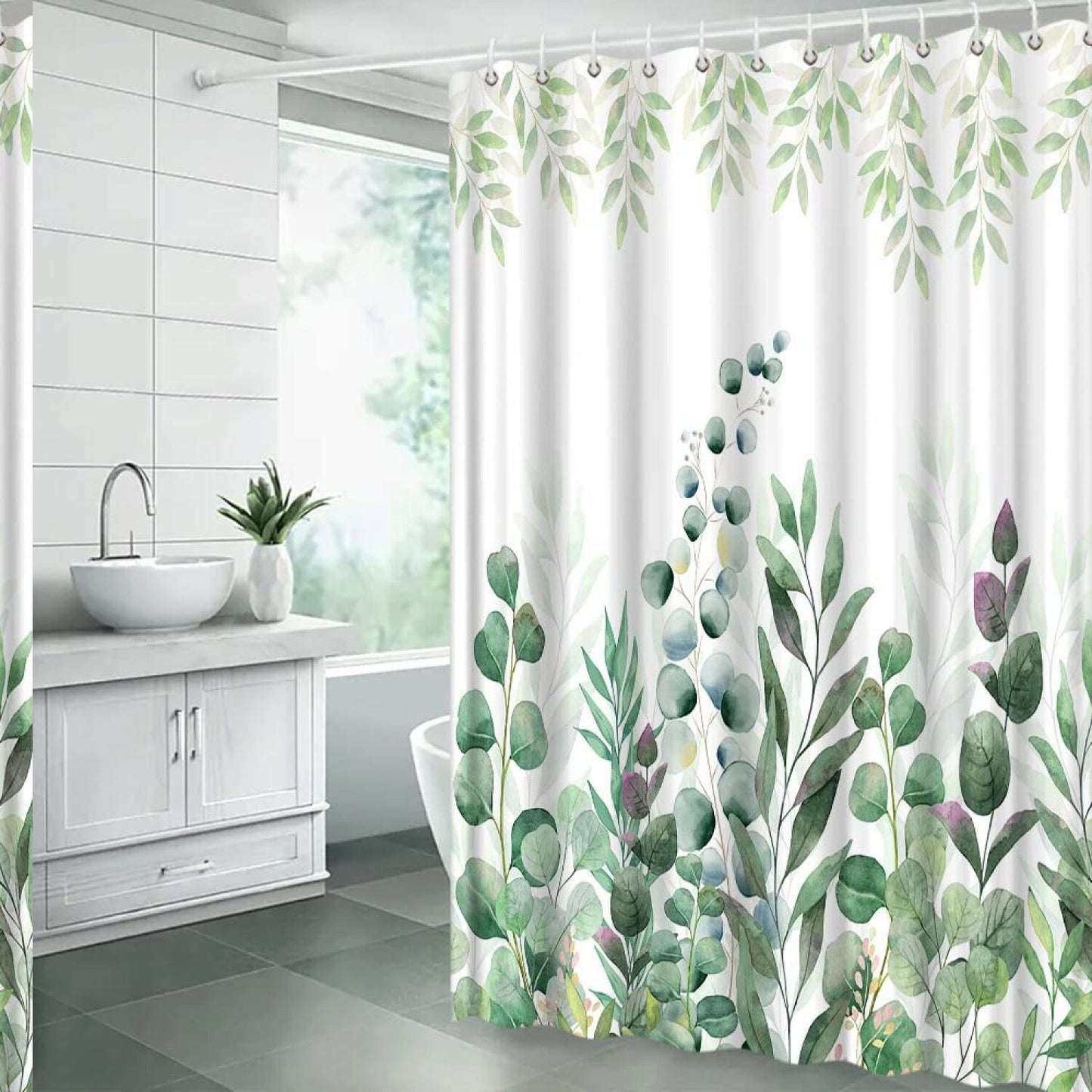Sage Green Leaves Shower Curtain with Hooks