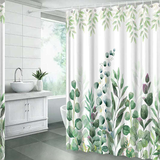Sage Green Leaves Shower Curtain with Hooks