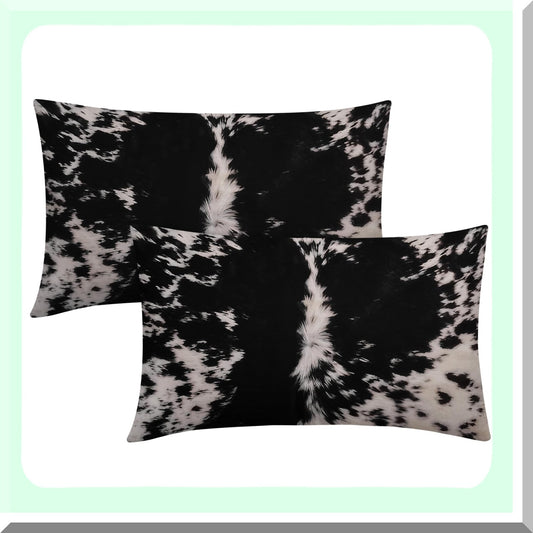 Cow Spot Lumbar Pillow Set - Farmhouse Decorative Rectangle Cases - Western Home Cotton Linen Throw Pillows - Bedroom Sofa Couch Outdoor - Black White 12X20 Inch