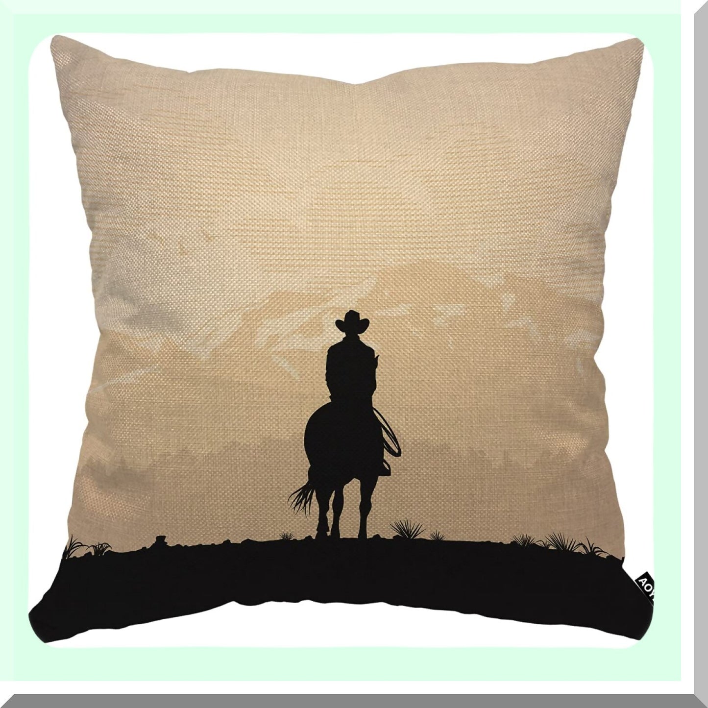 Sunset Cowboy Canyon Mountain Pillow Cover - Lonesome Travel Silhouette Case - Decorative Cotton Linen Cushion for Home Couch Bed - 18x18 Inch