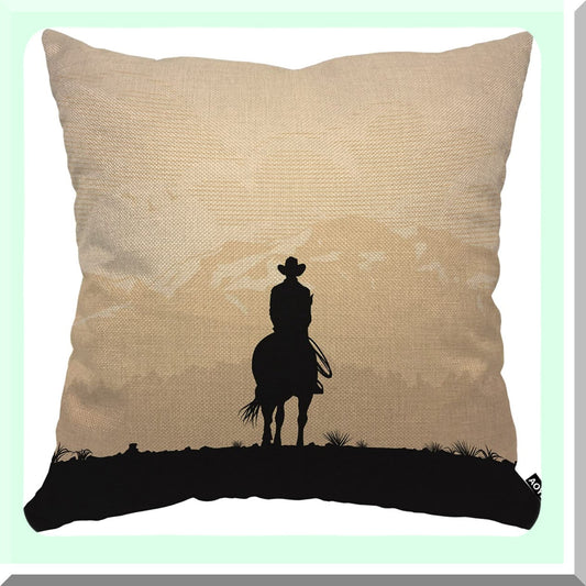 Sunset Cowboy Canyon Mountain Pillow Cover - Lonesome Travel Silhouette Case - Decorative Cotton Linen Cushion for Home Couch Bed - 18x18 Inch