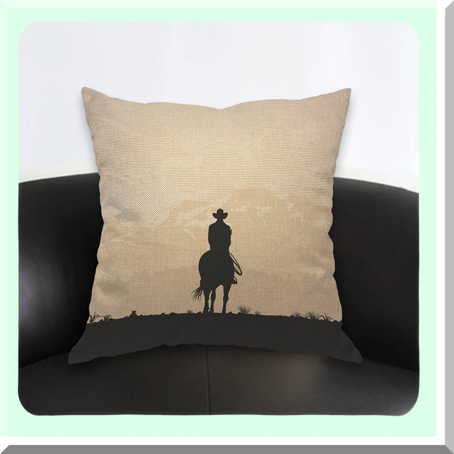 Sunset Cowboy Canyon Mountain Pillow Cover - Lonesome Travel Silhouette Case - Decorative Cotton Linen Cushion for Home Couch Bed - 18x18 Inch
