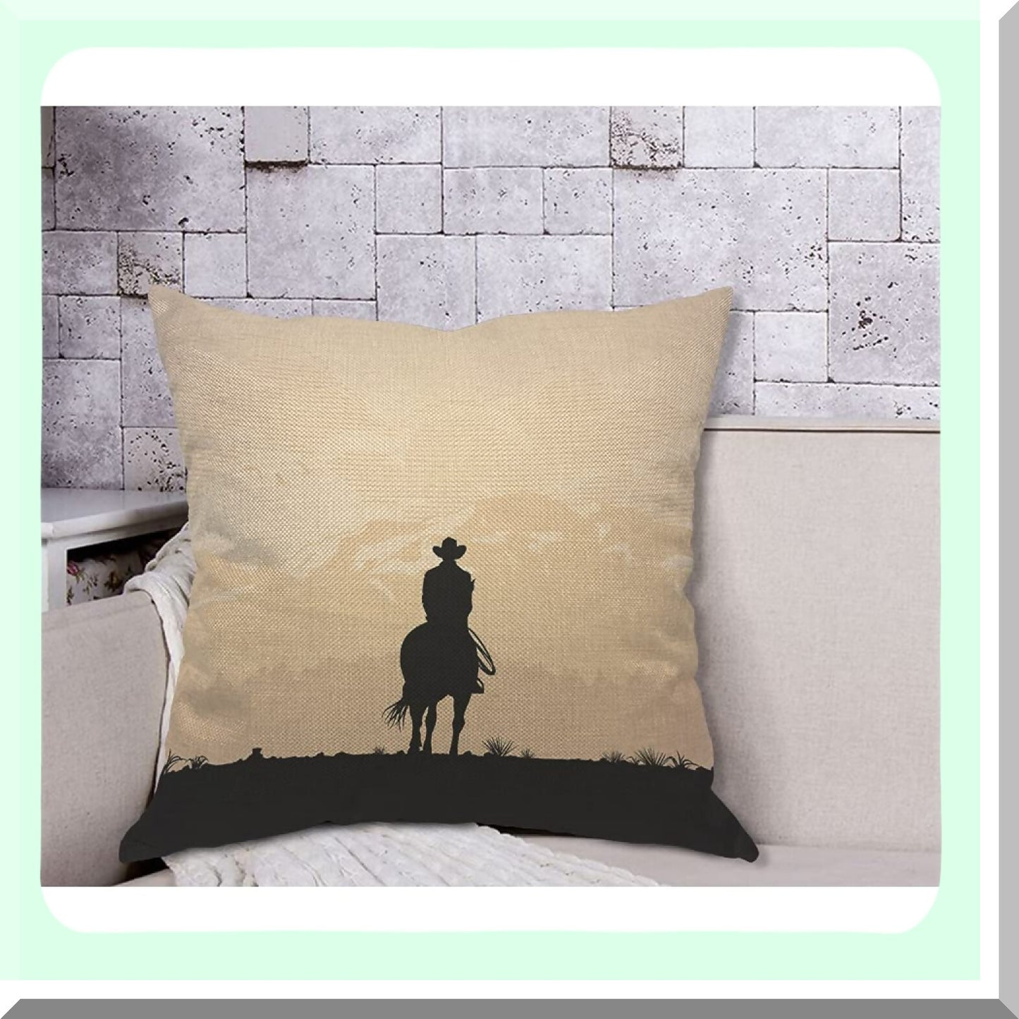 Sunset Cowboy Canyon Mountain Pillow Cover - Lonesome Travel Silhouette Case - Decorative Cotton Linen Cushion for Home Couch Bed - 18x18 Inch
