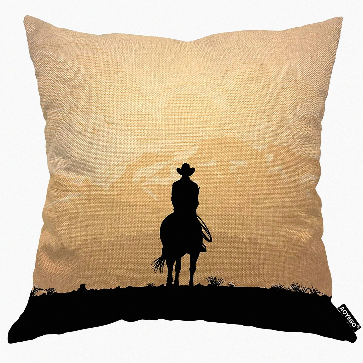 Sunset Cowboy Canyon Mountain Pillow Cover - Lonesome Travel Silhouette Case - Decorative Cotton Linen Cushion for Home Couch Bed - 18x18 Inch