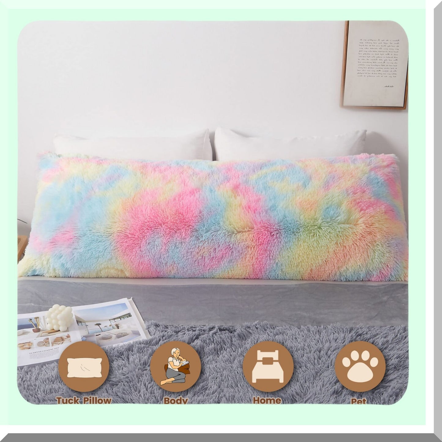 Rainbow FluffDye Body Pillowcase - Shaggy Plush Cover for Girls & Women, Long Fuzzy Bed Pillow with Zipper, Soft & Cozy 20x54 Inch Case