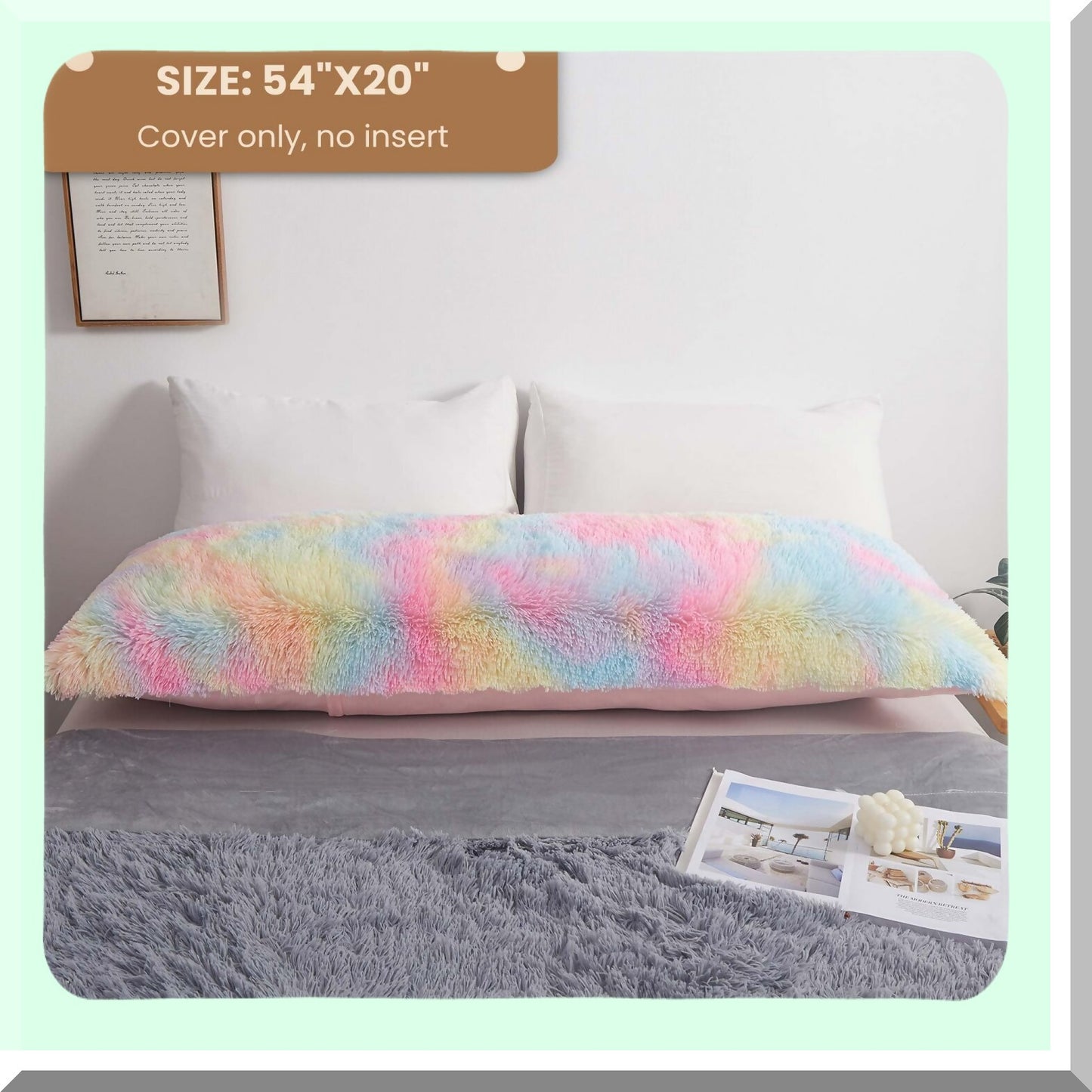 Rainbow FluffDye Body Pillowcase - Shaggy Plush Cover for Girls & Women, Long Fuzzy Bed Pillow with Zipper, Soft & Cozy 20x54 Inch Case