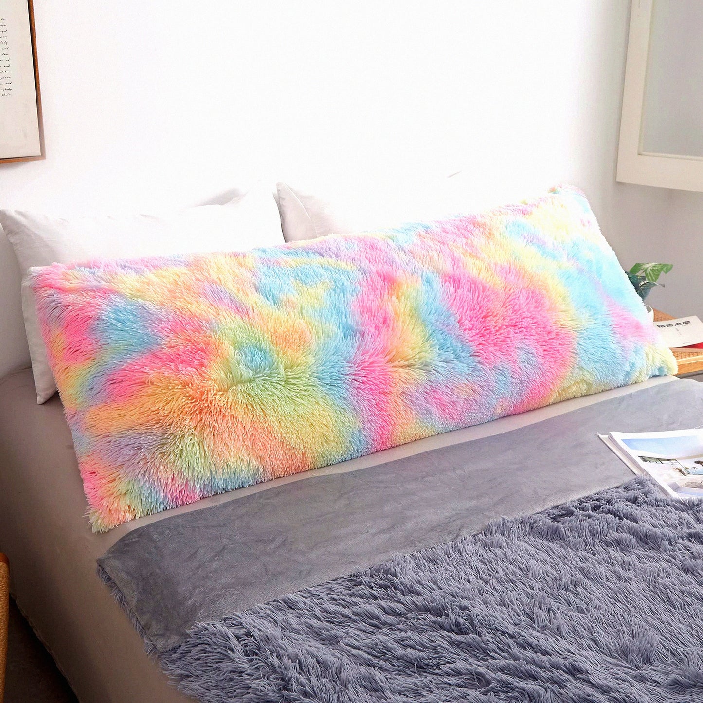 Rainbow FluffDye Body Pillowcase - Shaggy Plush Cover for Girls & Women, Long Fuzzy Bed Pillow with Zipper, Soft & Cozy 20x54 Inch Case