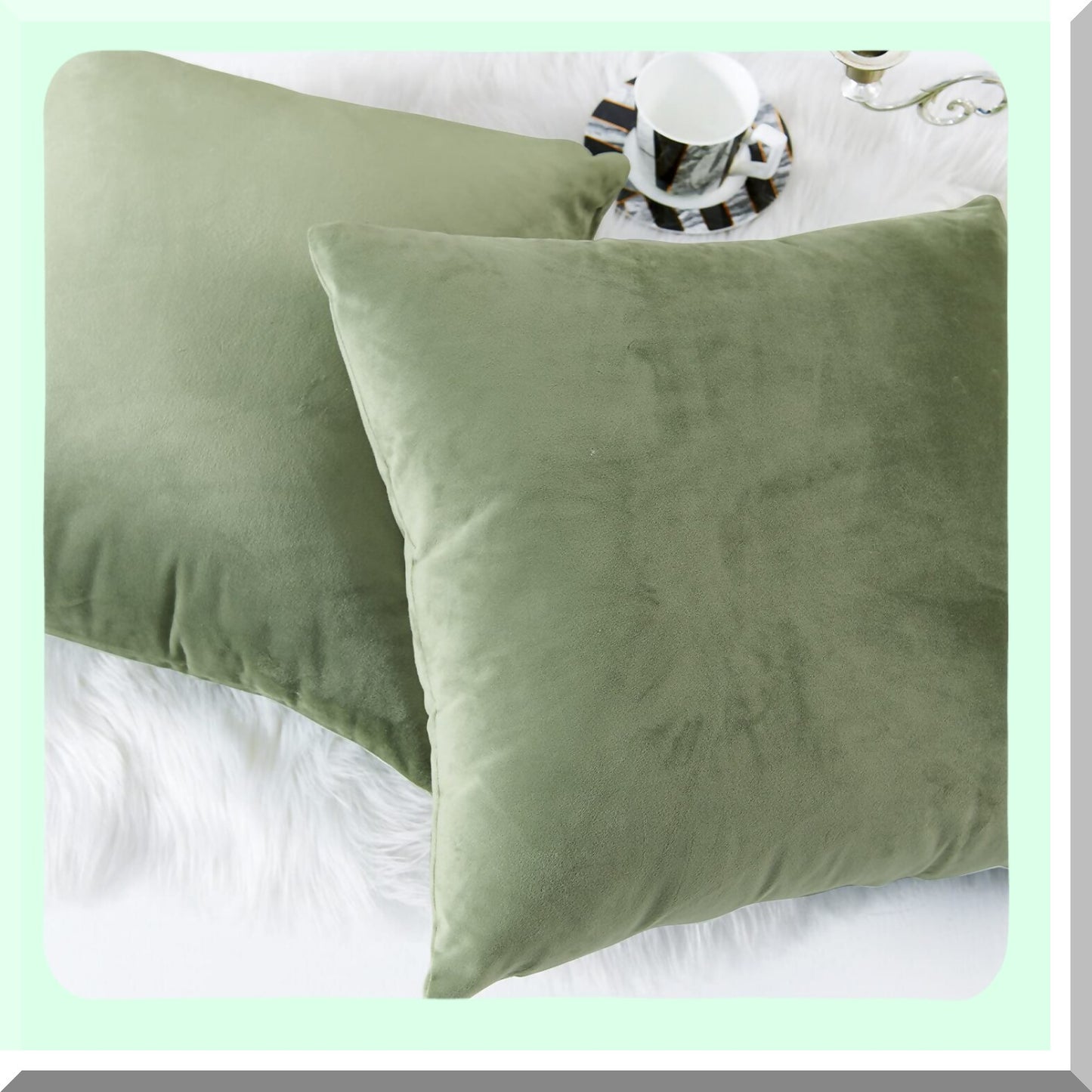 Sage Green Velvet Pillowcase Set - Soft Square Decorative Cushion Covers for Couch, Bed, Sofa, Chair - Pack of 2 - 18 x 18 Inches - One Pair