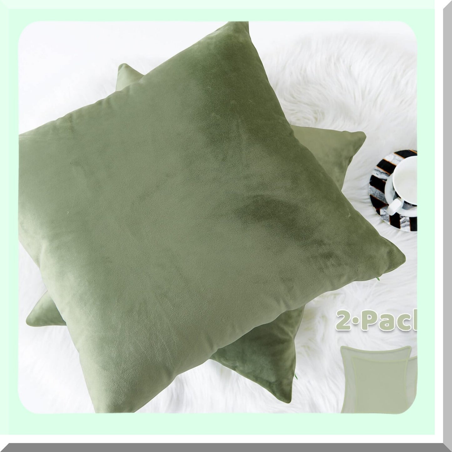 Sage Green Velvet Pillowcase Set - Soft Square Decorative Cushion Covers for Couch, Bed, Sofa, Chair - Pack of 2 - 18 x 18 Inches - One Pair