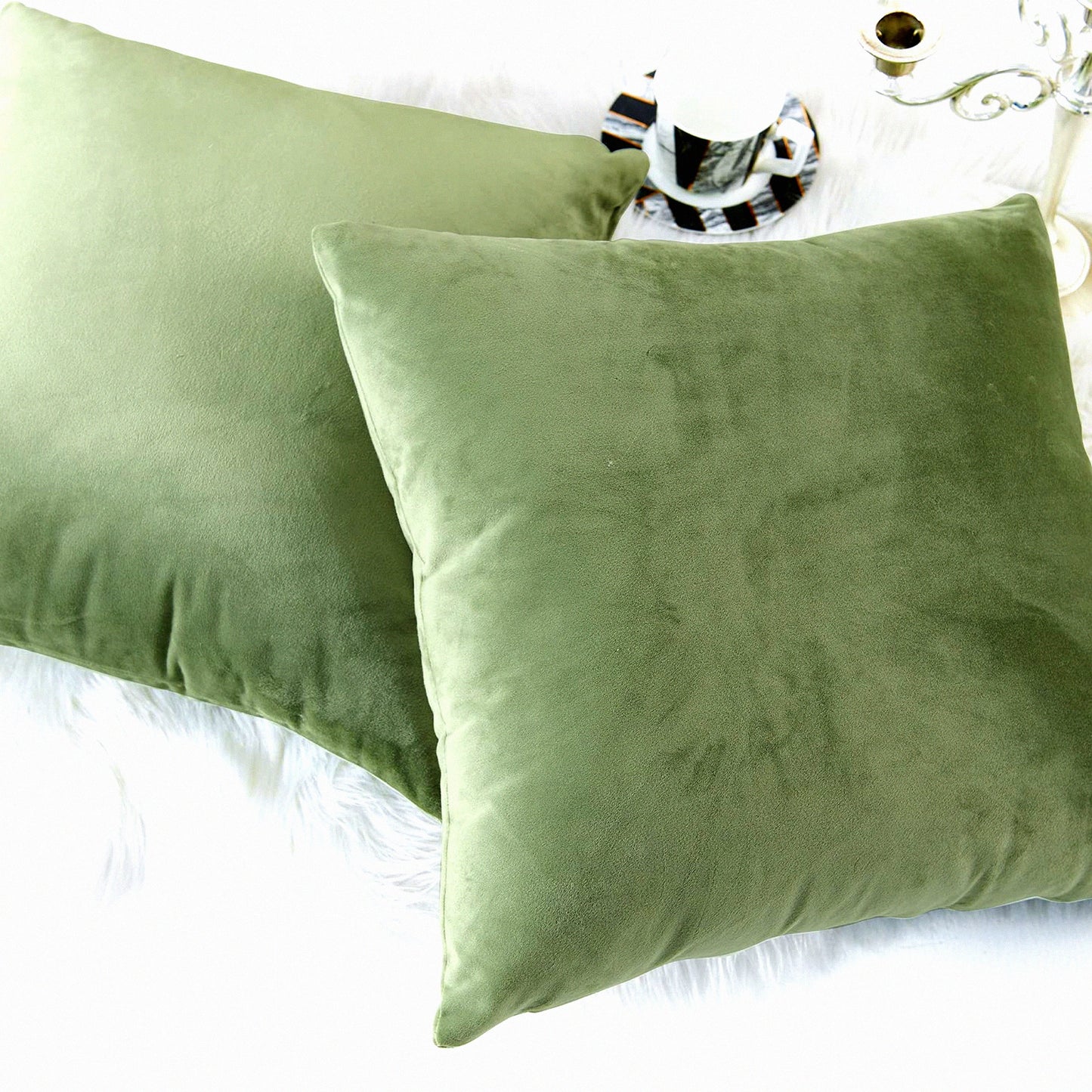 Sage Green Velvet Pillowcase Set - Soft Square Decorative Cushion Covers for Couch, Bed, Sofa, Chair - Pack of 2 - 18 x 18 Inches - One Pair