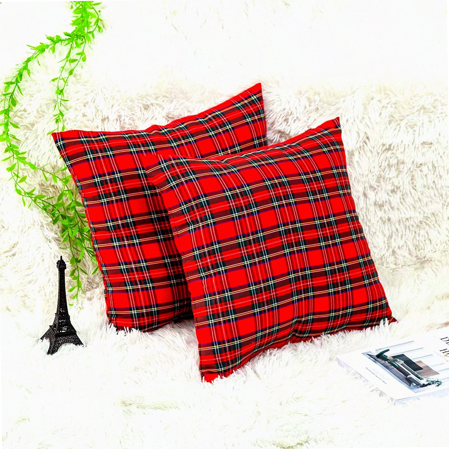 Red Plaids Buffalo Check Pillow Covers - Set of 2 | Tartan Cushion Cases for Home Decor | Cotton Throw Pillow Cover for Couch Sofa - 18 X 18 Inches