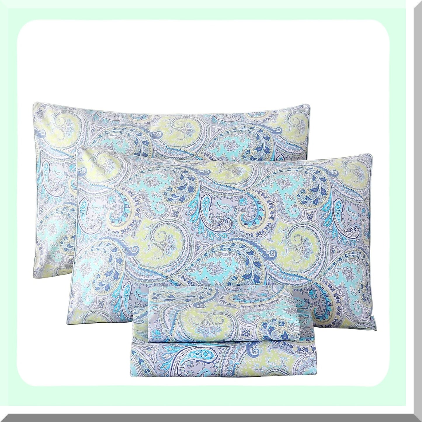 Luxury Paisley Full Size Cotton Sheet Set - Deep Pocket 16" Percale Soft Cooling Bedding in Light Blue/Lime Green - Full Blue Sheets