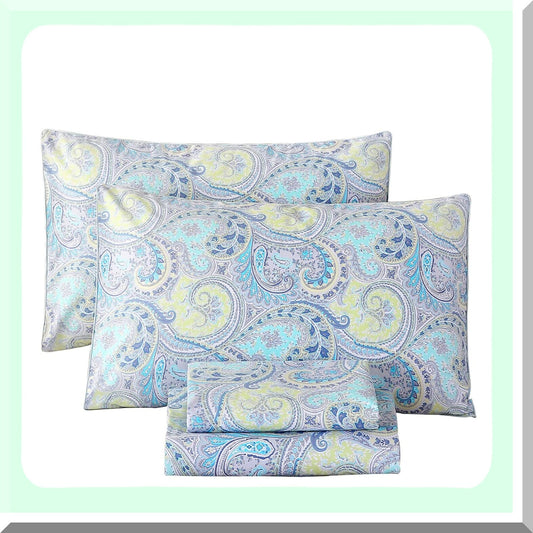 Luxury Paisley Full Size Cotton Sheet Set - Deep Pocket 16" Percale Soft Cooling Bedding in Light Blue/Lime Green - Full Blue Sheets