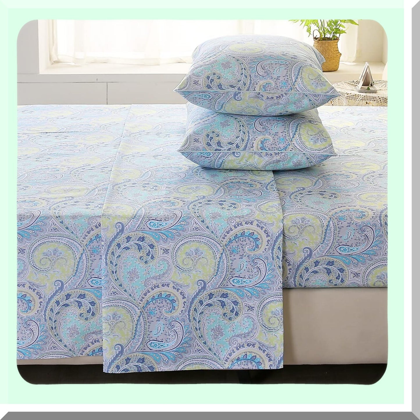 Luxury Paisley Full Size Cotton Sheet Set - Deep Pocket 16" Percale Soft Cooling Bedding in Light Blue/Lime Green - Full Blue Sheets