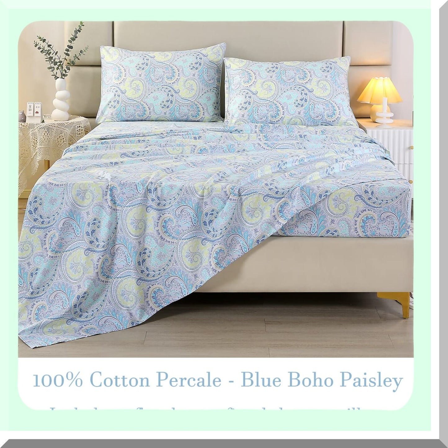Luxury Paisley Full Size Cotton Sheet Set - Deep Pocket 16" Percale Soft Cooling Bedding in Light Blue/Lime Green - Full Blue Sheets