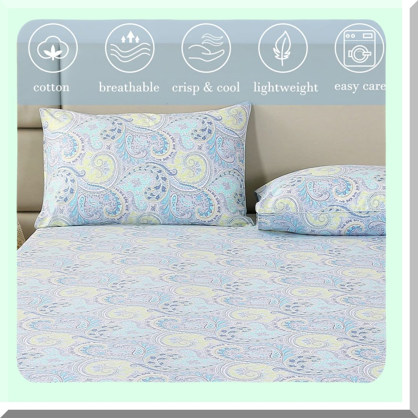 Luxury Paisley Full Size Cotton Sheet Set - Deep Pocket 16" Percale Soft Cooling Bedding in Light Blue/Lime Green - Full Blue Sheets