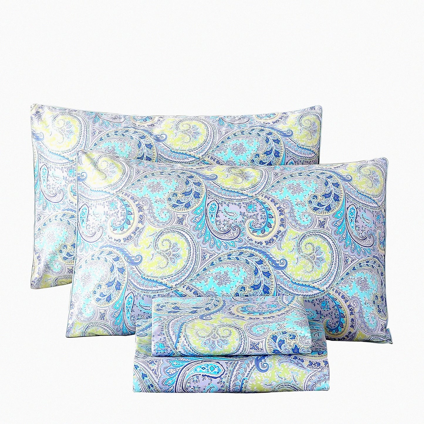 Luxury Paisley Full Size Cotton Sheet Set - Deep Pocket 16" Percale Soft Cooling Bedding in Light Blue/Lime Green - Full Blue Sheets
