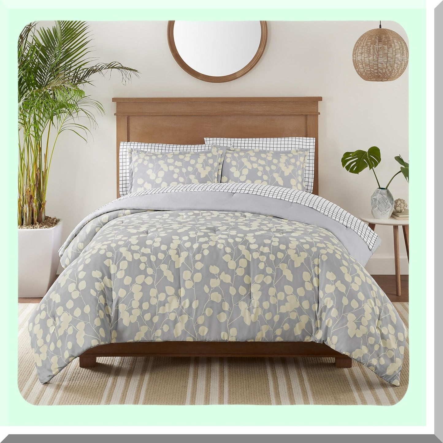 Botanical Bliss 7-Piece Floral Bedding Set - Queen Size - Grey/Yellow - Complete Comforter Set with Sheets and Pillow Case - All Season Bed in A Bag