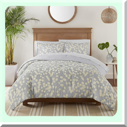 Botanical Bliss 7-Piece Floral Bedding Set - Queen Size - Grey/Yellow - Complete Comforter Set with Sheets and Pillow Case - All Season Bed in A Bag