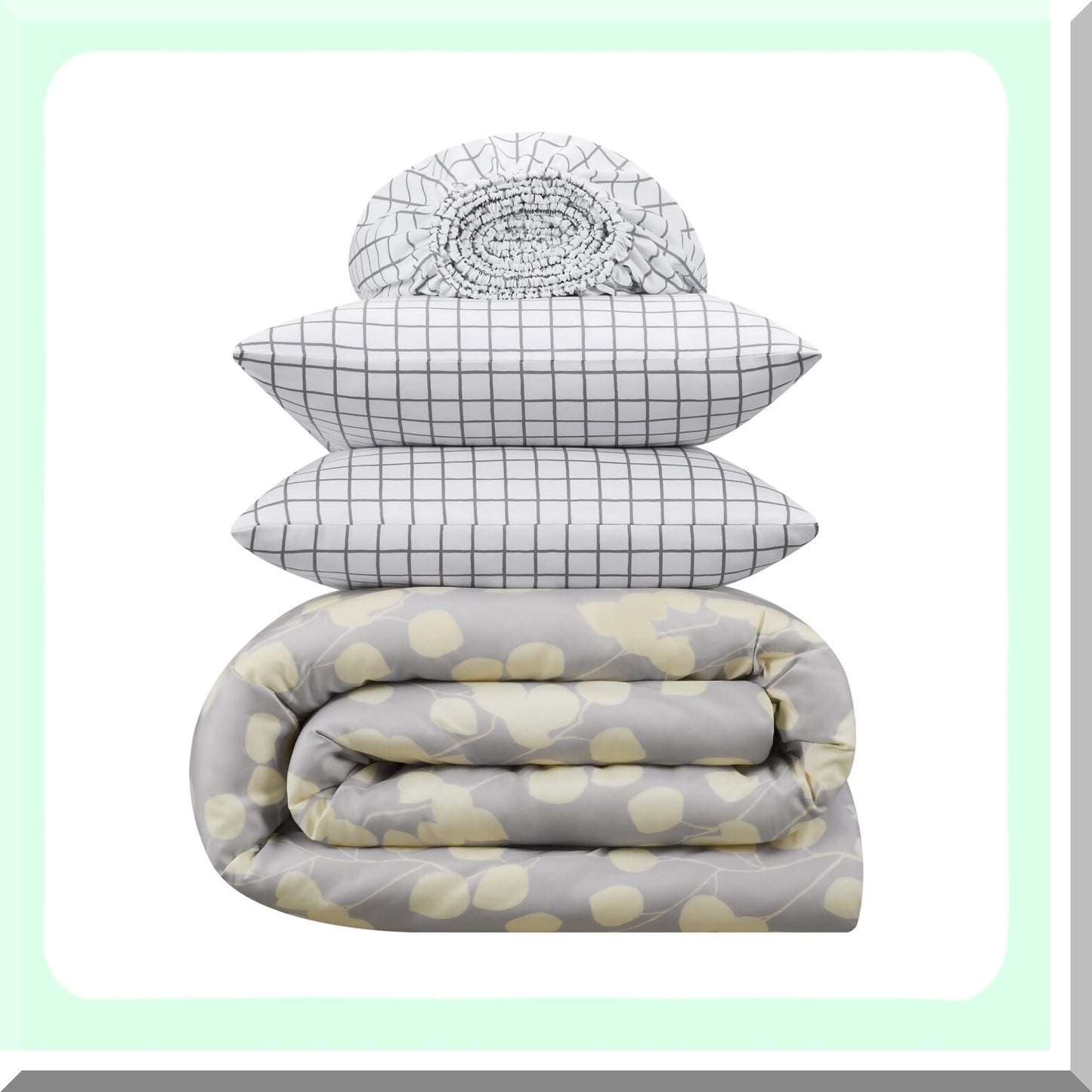 Botanical Bliss 7-Piece Floral Bedding Set - Queen Size - Grey/Yellow - Complete Comforter Set with Sheets and Pillow Case - All Season Bed in A Bag