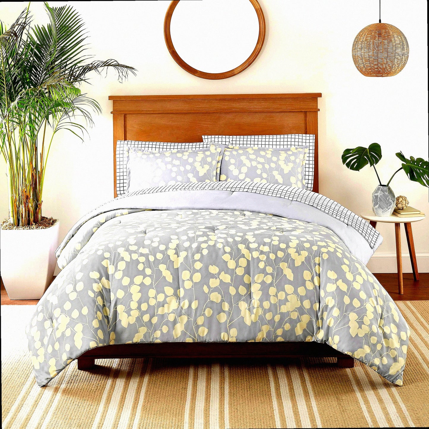 Botanical Bliss 7-Piece Floral Bedding Set - Queen Size - Grey/Yellow - Complete Comforter Set with Sheets and Pillow Case - All Season Bed in A Bag