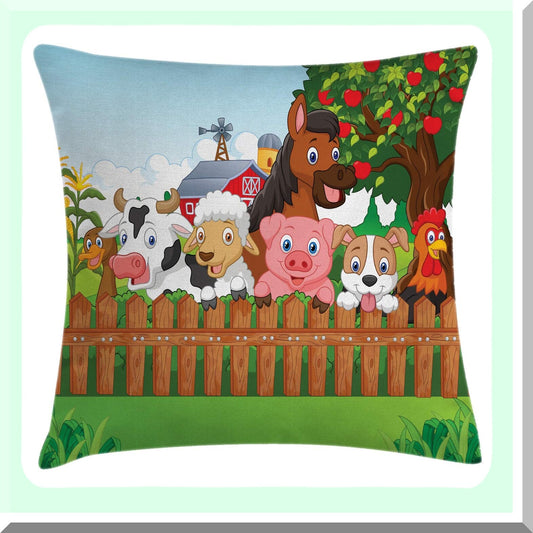 Farmyard Friends Decorative Pillow Cover - Cartoon Animals on Fence Design - Square Cushion Case - 16" X 16" - Green Brown - Farmhouse Decor - Dog Cow Horse Mascots