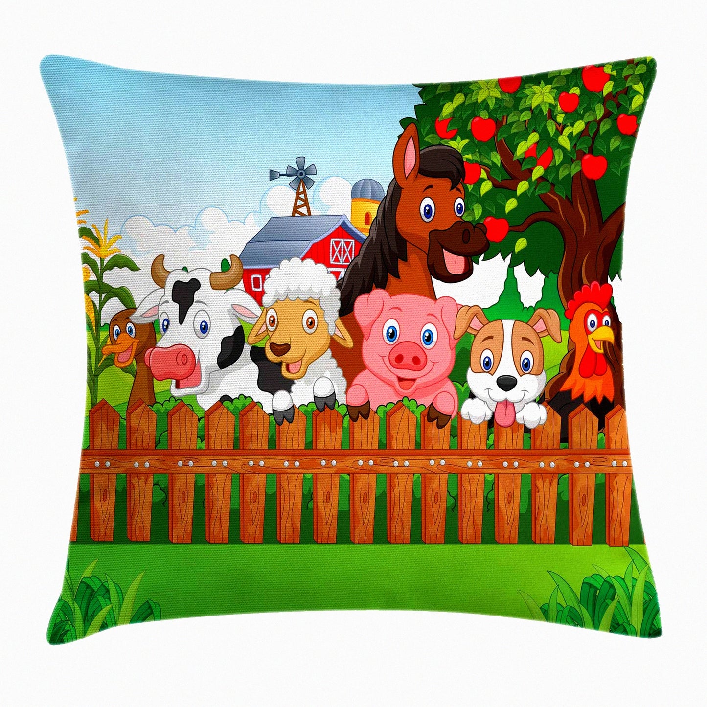 Farmyard Friends Decorative Pillow Cover - Cartoon Animals on Fence Design - Square Cushion Case - 16" X 16" - Green Brown - Farmhouse Decor - Dog Cow Horse Mascots