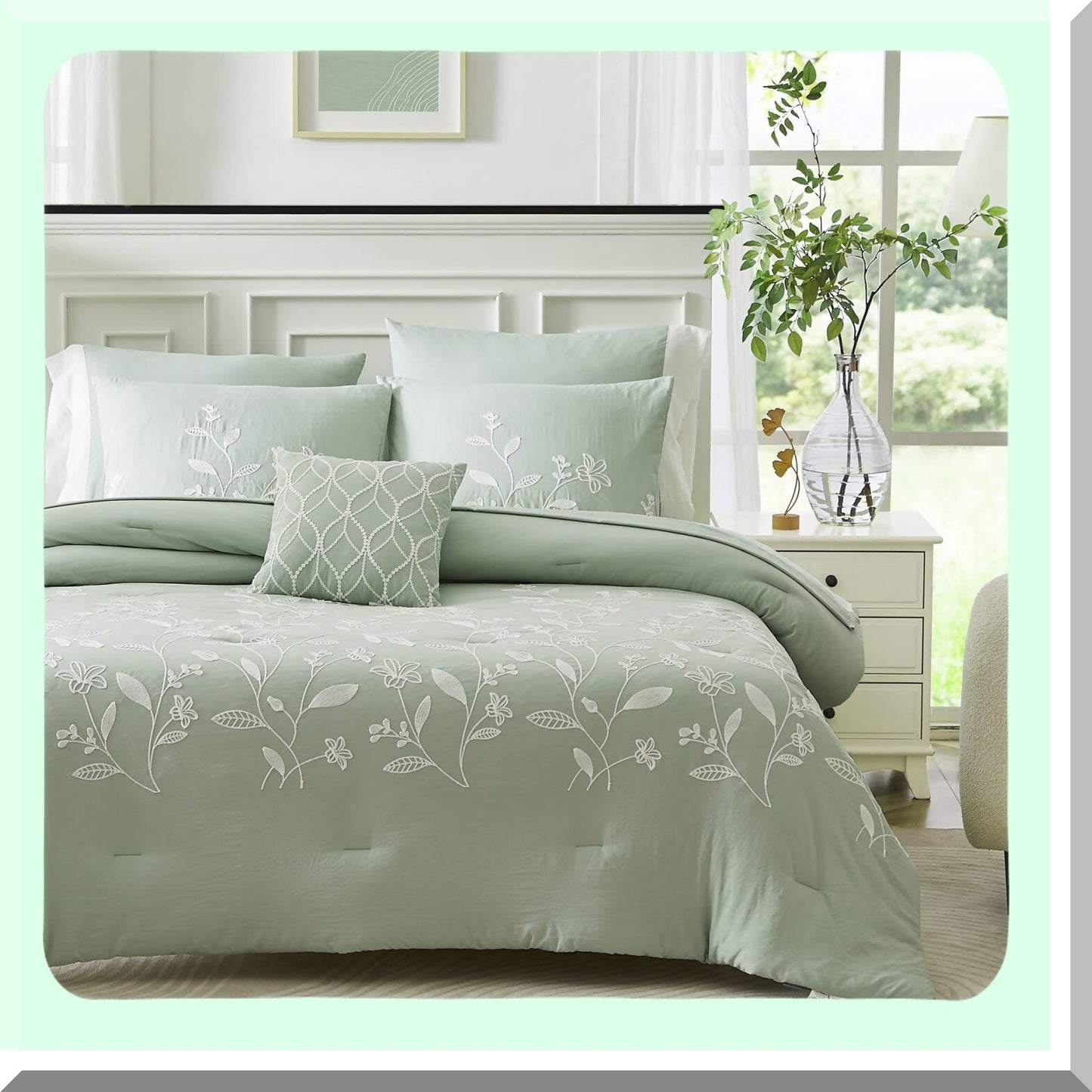 Floral Sage Queen Comforter Set - 8 Piece Bedding Ensemble with Embroidered Sheets, Pillowcases, and Shams - Green Floral Bed Set for Queen Bed