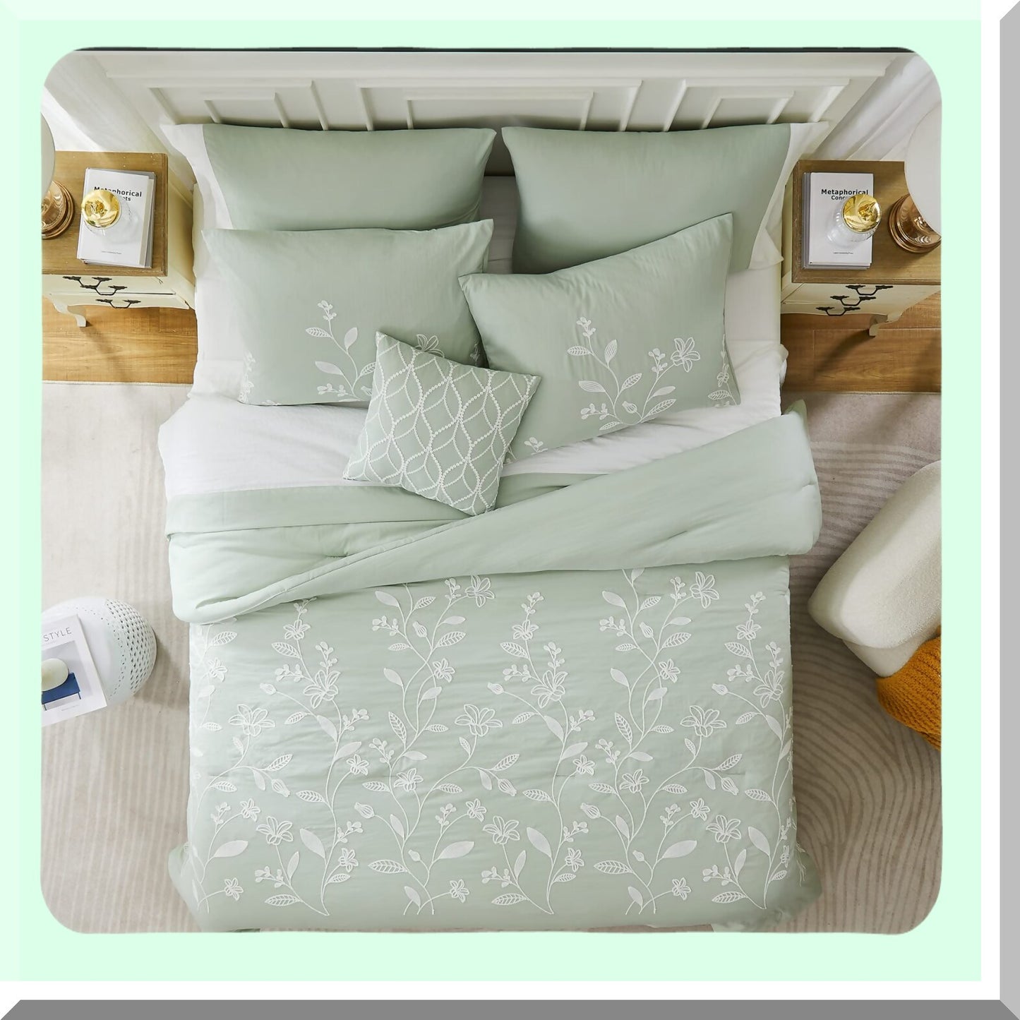 Floral Sage Queen Comforter Set - 8 Piece Bedding Ensemble with Embroidered Sheets, Pillowcases, and Shams - Green Floral Bed Set for Queen Bed