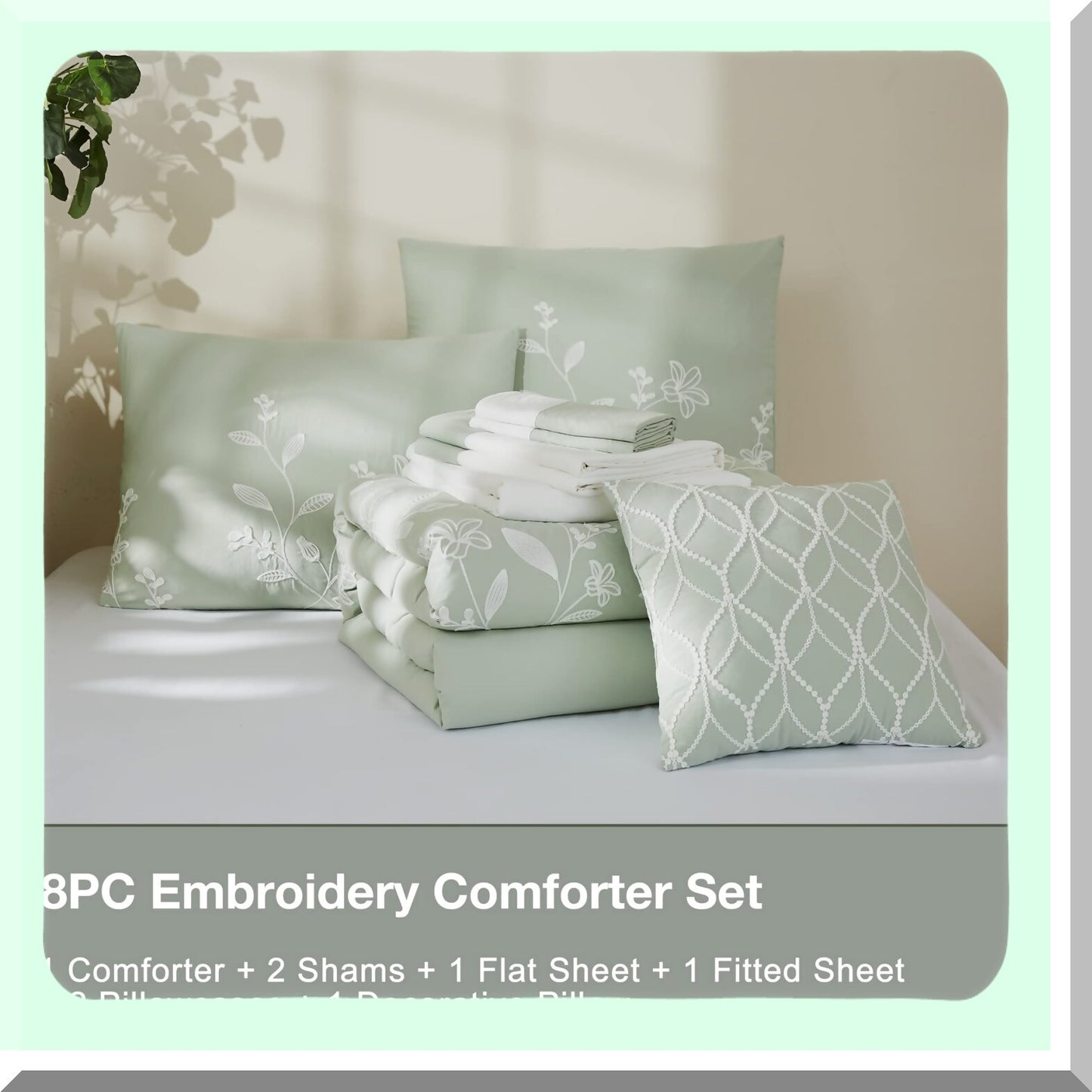 Floral Sage Queen Comforter Set - 8 Piece Bedding Ensemble with Embroidered Sheets, Pillowcases, and Shams - Green Floral Bed Set for Queen Bed