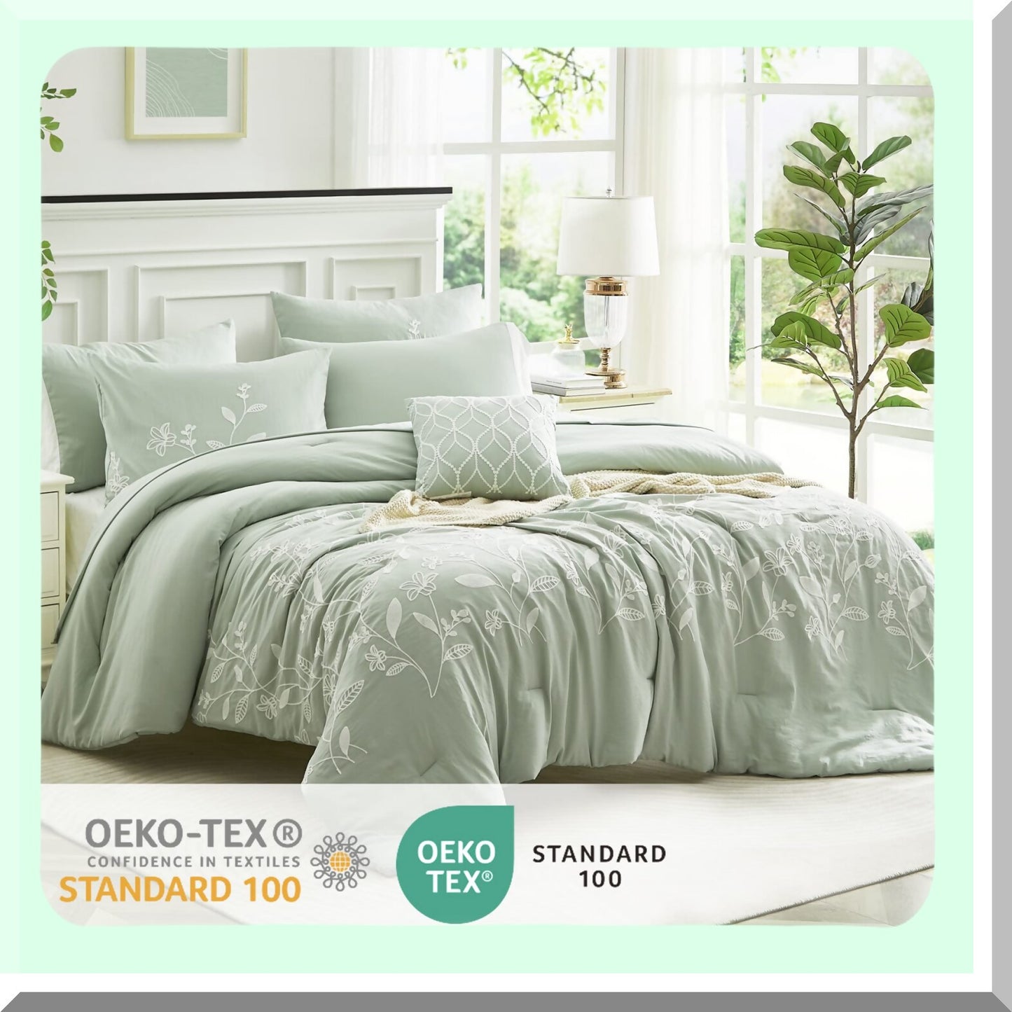 Floral Sage Queen Comforter Set - 8 Piece Bedding Ensemble with Embroidered Sheets, Pillowcases, and Shams - Green Floral Bed Set for Queen Bed