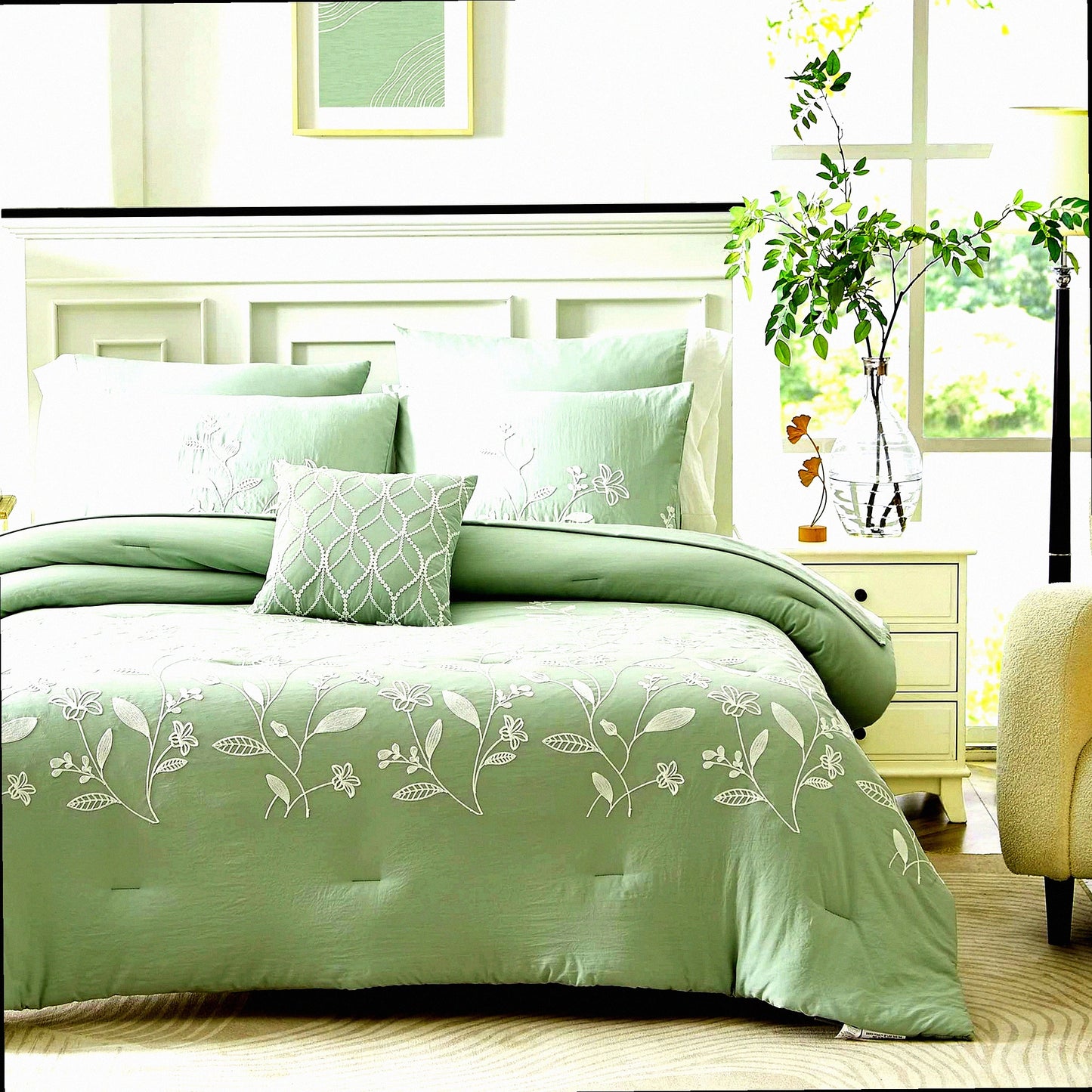 Floral Sage Queen Comforter Set - 8 Piece Bedding Ensemble with Embroidered Sheets, Pillowcases, and Shams - Green Floral Bed Set for Queen Bed