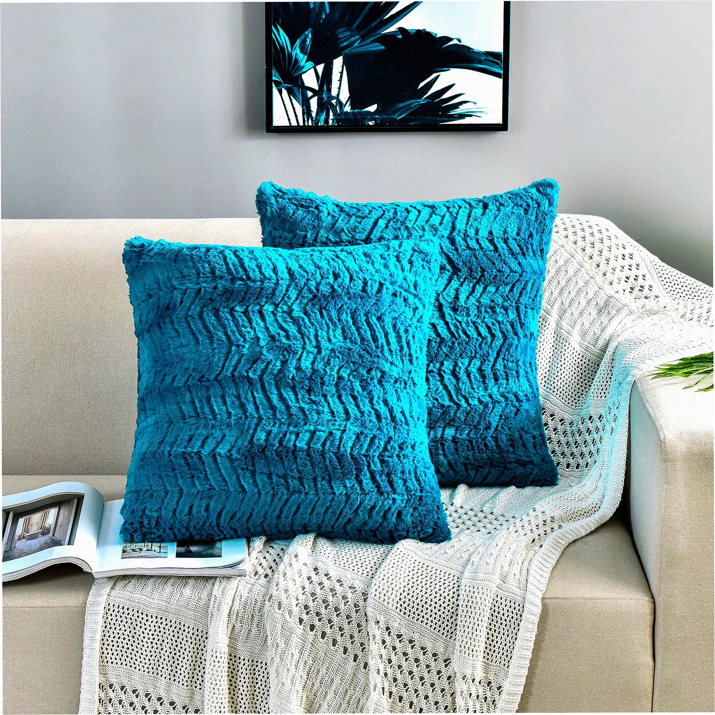 Plush Comfort Set - Teal/Turquoise 18x18 Luxury Throw Pillow Covers - 2 Pack Fuzzy Fluffy Cozy Decorative Cases for Sofa Couch Bedroom