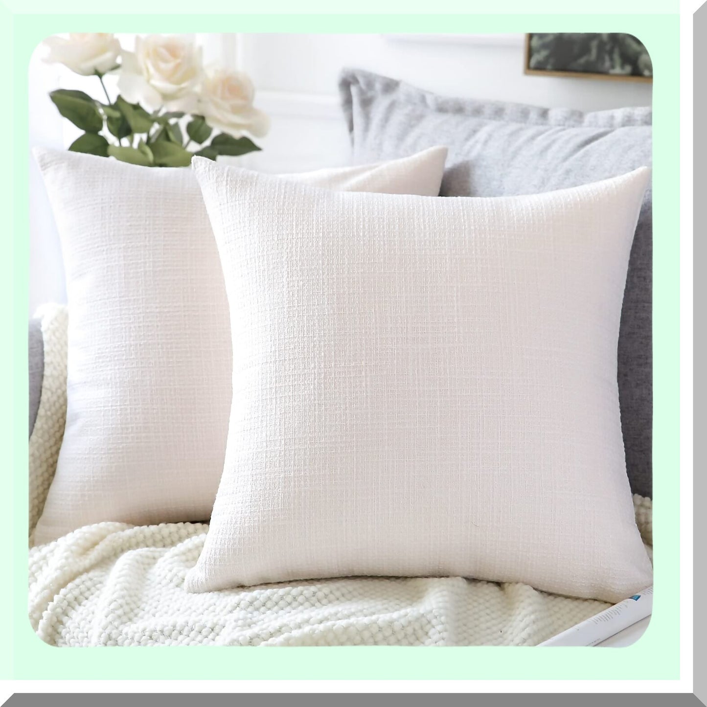Cream White Linen Square Pillowcase Set - 14x14 Inch Decorative Cushion Covers for Home Decor, Sofa, Bedroom, Car - Pack of 2