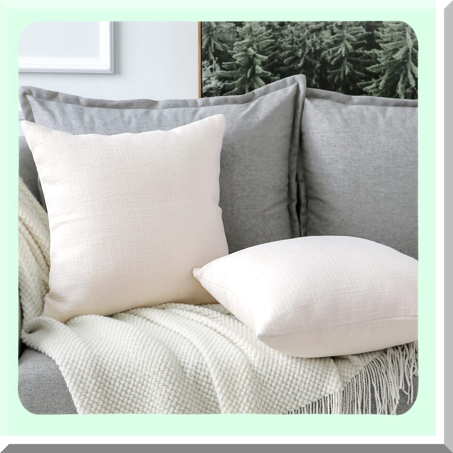 Cream White Linen Square Pillowcase Set - 14x14 Inch Decorative Cushion Covers for Home Decor, Sofa, Bedroom, Car - Pack of 2