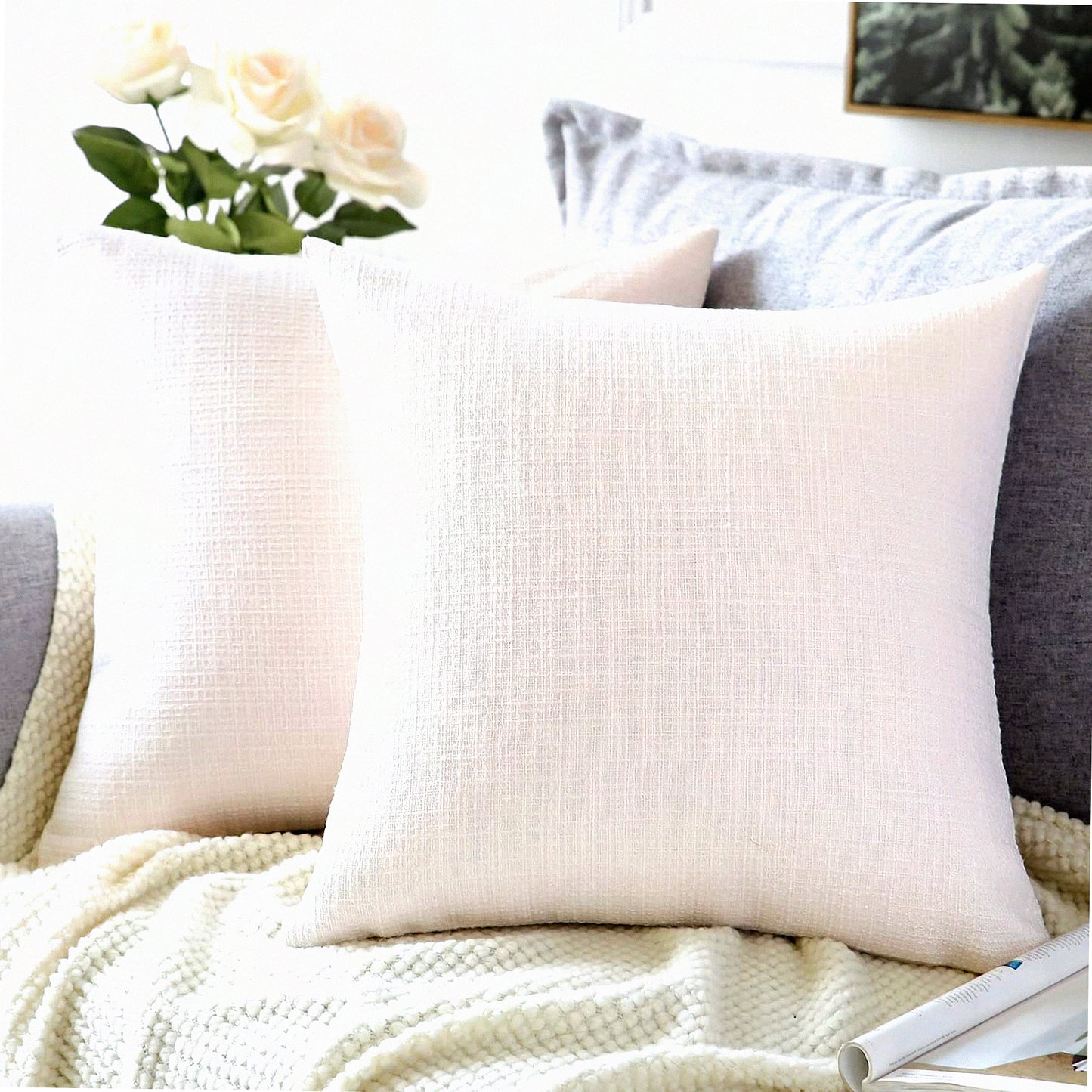 Cream White Linen Square Pillowcase Set - 14x14 Inch Decorative Cushion Covers for Home Decor, Sofa, Bedroom, Car - Pack of 2