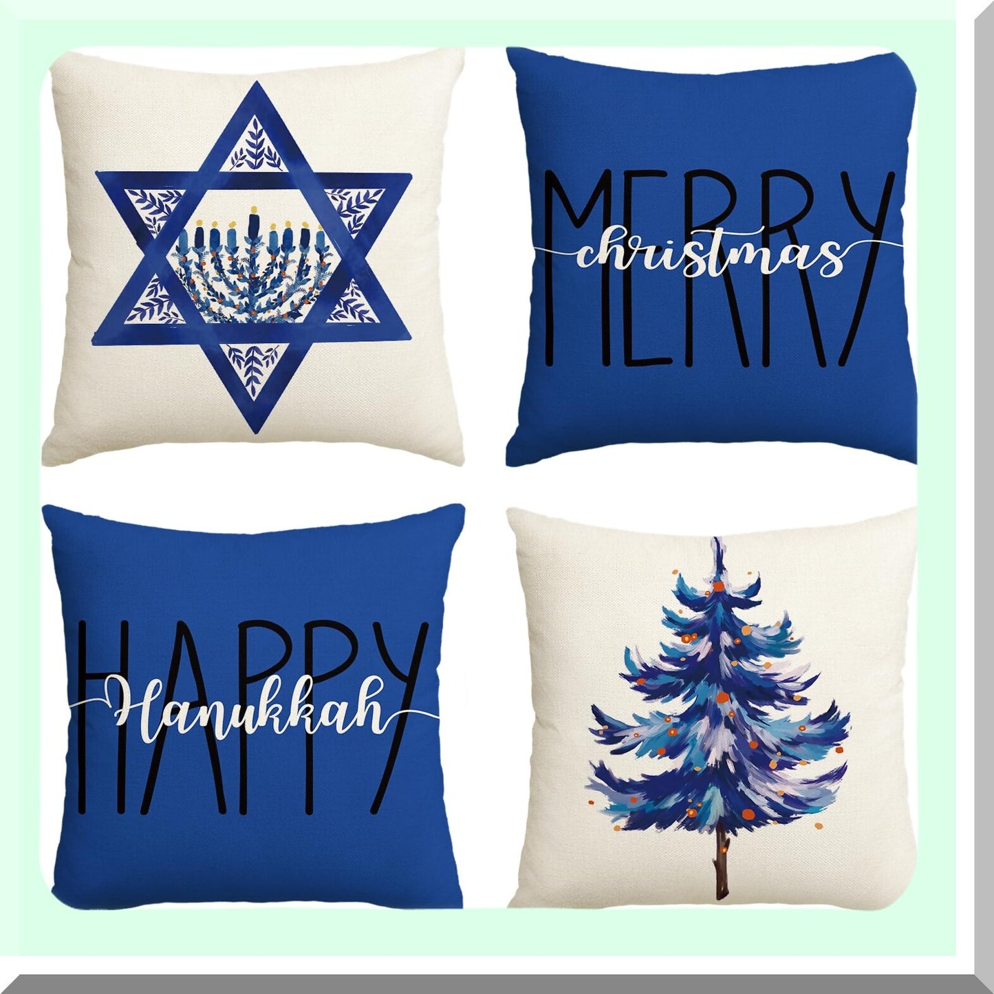 Festive Holiday Decor Pillow Covers - Set of 4, 20 x 20 Inch Christmas Tree Star Cushion Cases for Sofa Couch - Merry Happy Hanukkah