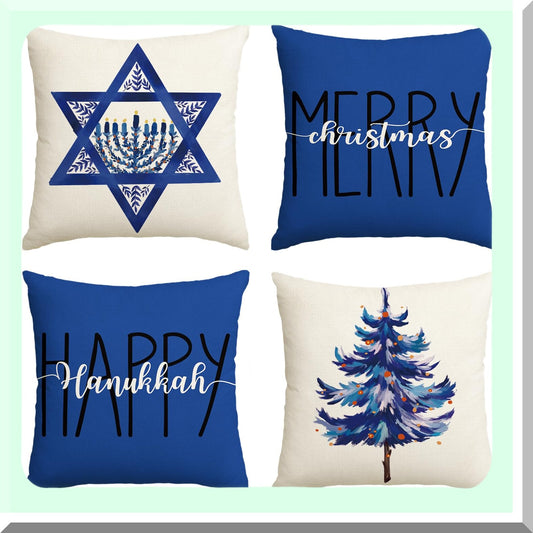 Festive Holiday Decor Pillow Covers - Set of 4, 20 x 20 Inch Christmas Tree Star Cushion Cases for Sofa Couch - Merry Happy Hanukkah