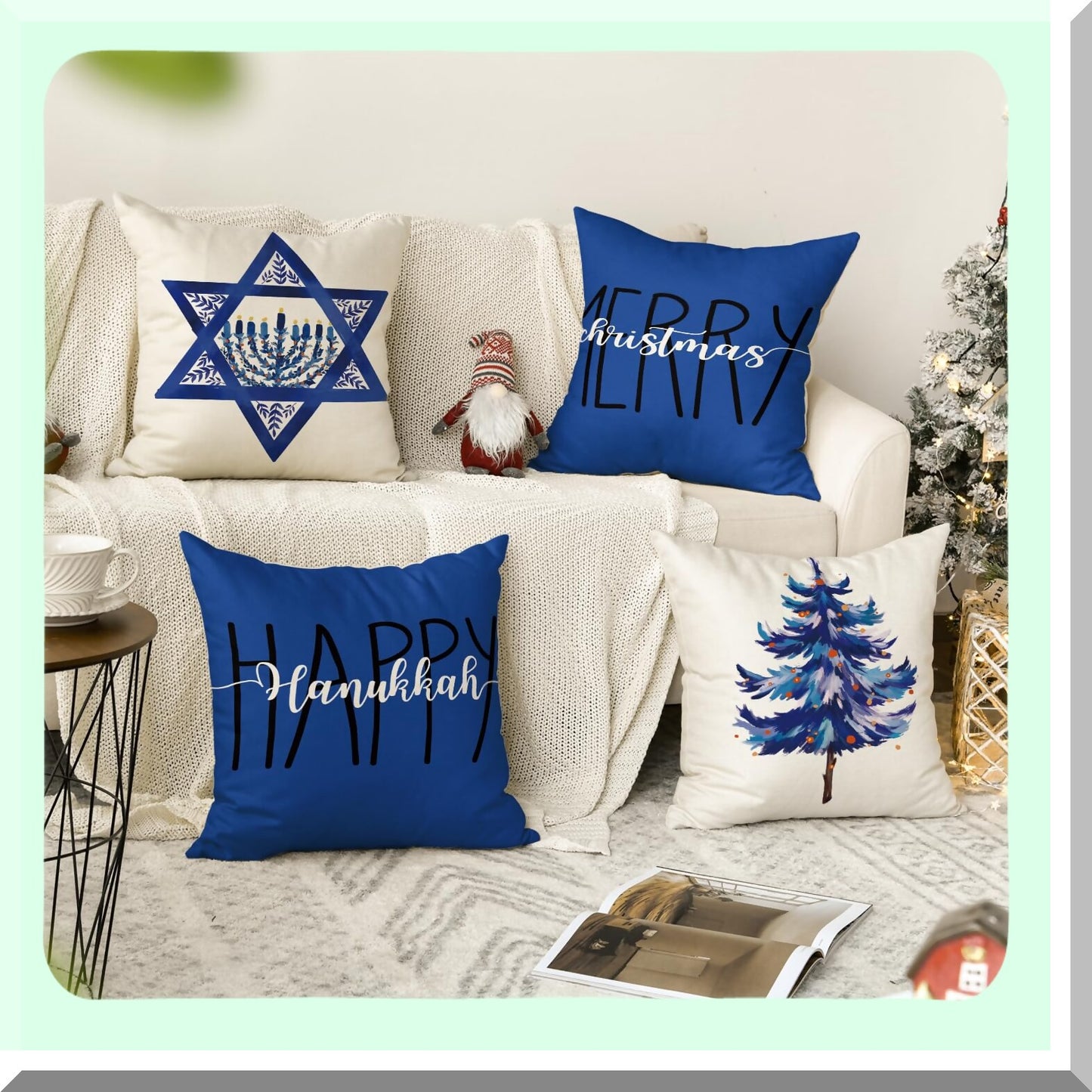 Festive Holiday Decor Pillow Covers - Set of 4, 20 x 20 Inch Christmas Tree Star Cushion Cases for Sofa Couch - Merry Happy Hanukkah