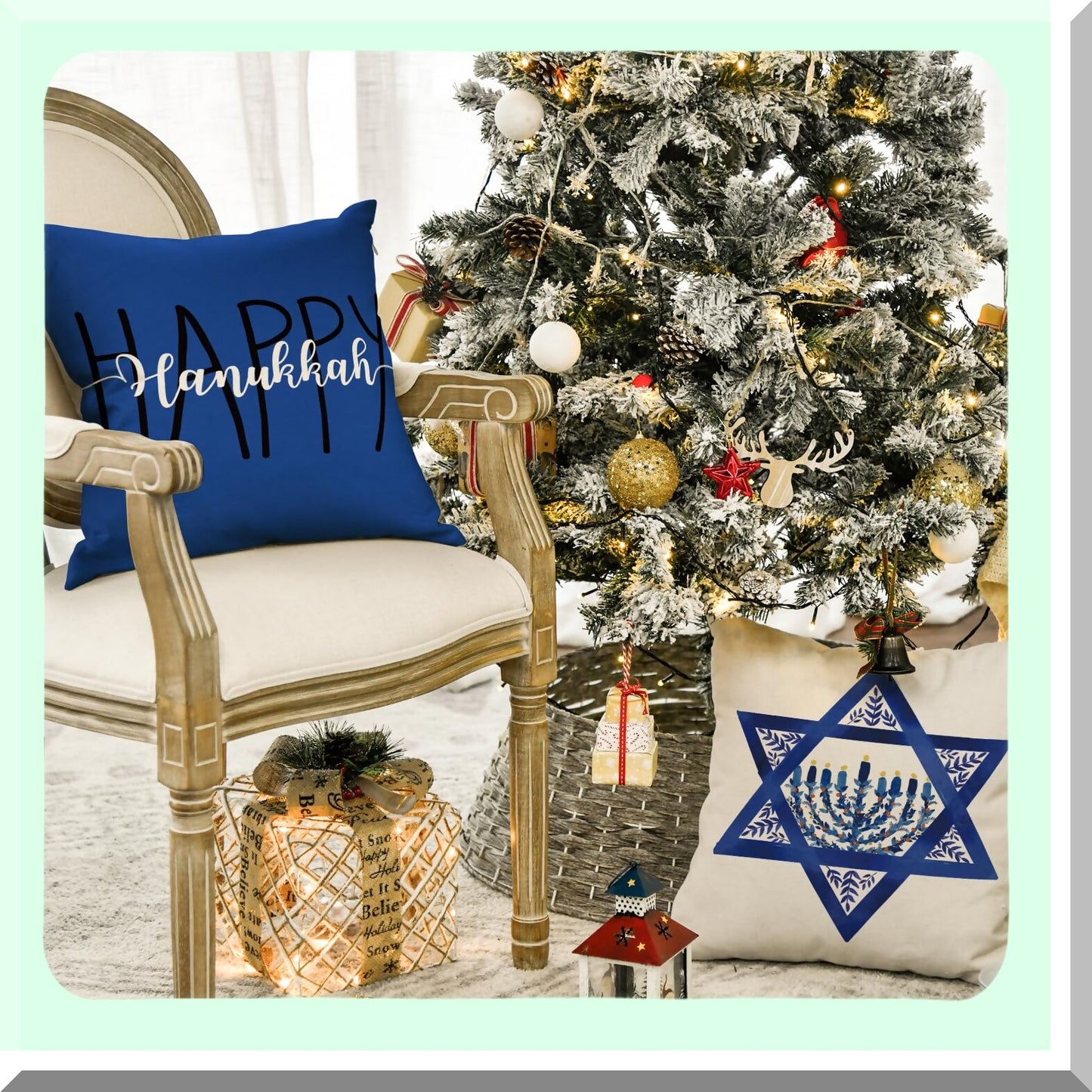Festive Holiday Decor Pillow Covers - Set of 4, 20 x 20 Inch Christmas Tree Star Cushion Cases for Sofa Couch - Merry Happy Hanukkah
