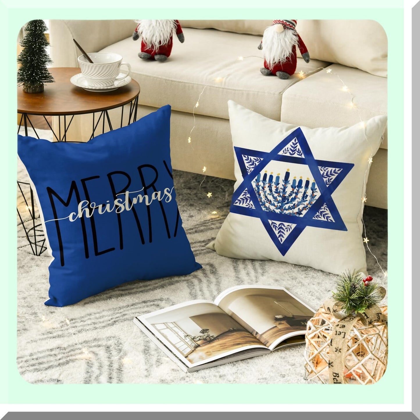 Festive Holiday Decor Pillow Covers - Set of 4, 20 x 20 Inch Christmas Tree Star Cushion Cases for Sofa Couch - Merry Happy Hanukkah