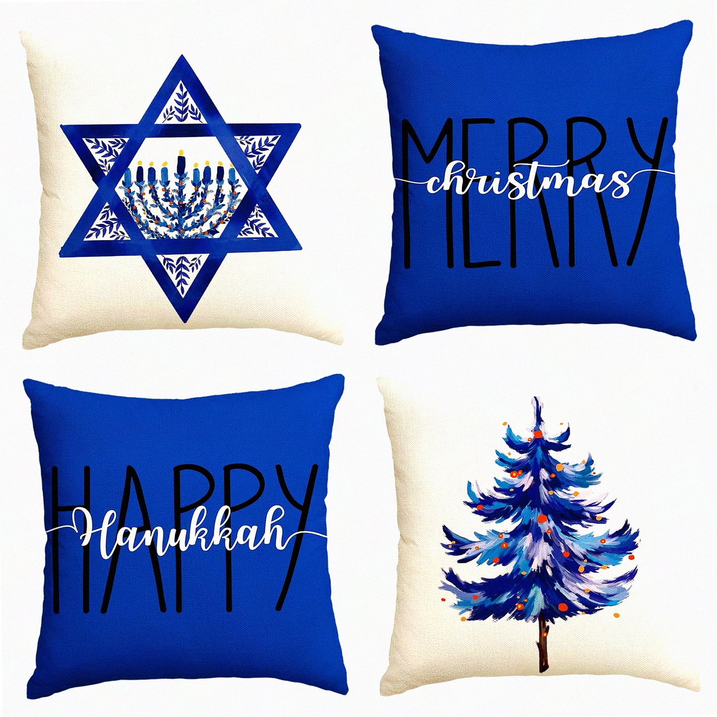 Festive Holiday Decor Pillow Covers - Set of 4, 20 x 20 Inch Christmas Tree Star Cushion Cases for Sofa Couch - Merry Happy Hanukkah