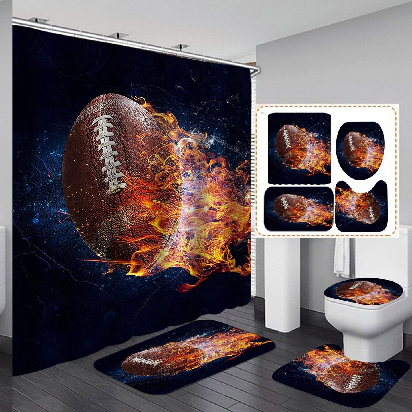 Fantasy Burning Football Shower Curtain 4PCS Set